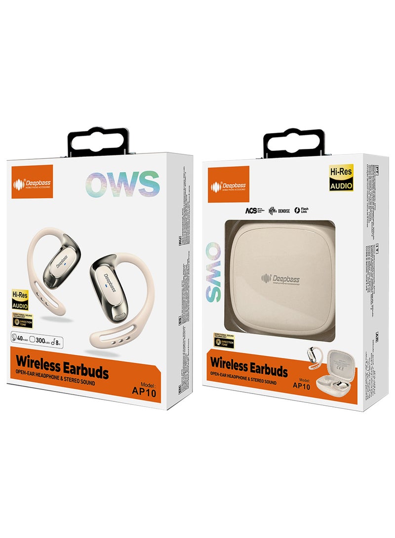 Deepbass AP10 OWS سماعات أذن لاسلكية – صوت عالي الدقة، تصميم رياضي، وصوت ستيريو 40mAh مع علبة شحن 200mAh - بيج - Image 2
