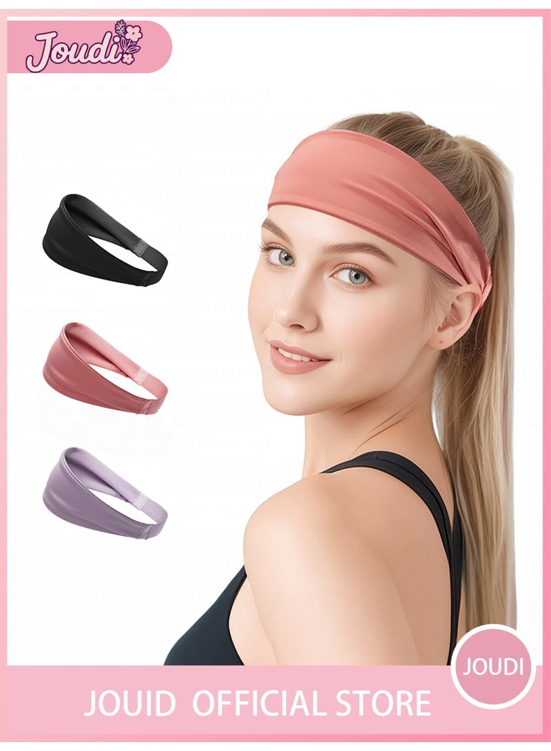 Joudi 3 Packs Sports Headband Yoga Headband Sweat-Absorbing Quick-Drying Headscarf Elastic Wide Headband, Running, Cycling, Basketball, Fitness, Football （Black Purple Pink） - Image 1