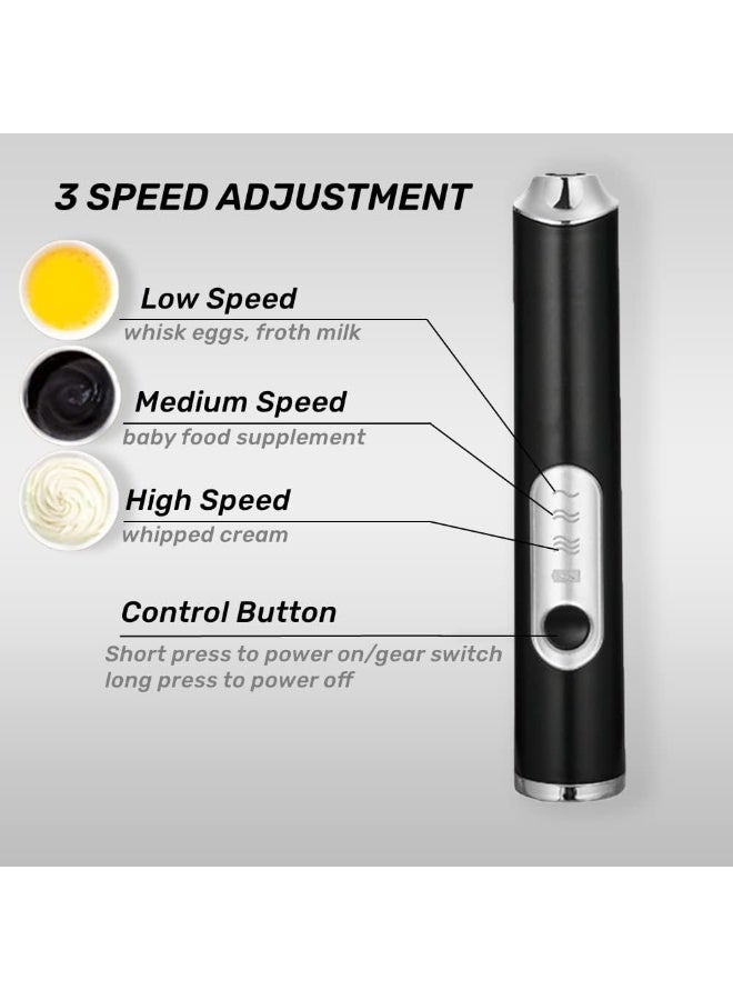 Milk Frother & Egg Beater USB Rechargeable Handheld—3-Speed Electric Coffee Foame USB - with Dual Stainless Steel Whisk Heads for Latte, Cappuccino & Baking - Black - Image 2