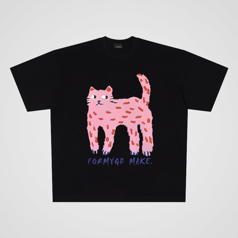 250G Heavy Cotton Cartoon Cartoon Street Casual Oversize Large Board Short Sleeve T-Shirt Men And Women Couple Fashion - Image 1