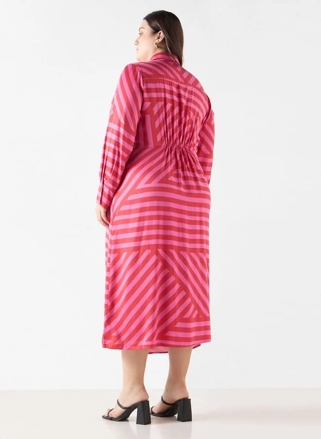 Ulla Popken Plus Size Ulla Popken Striped Shirt Dress with Long Sleeves and Drape Detail
