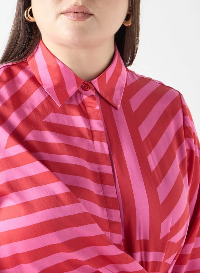 Ulla Popken Plus Size Ulla Popken Striped Shirt Dress with Long Sleeves and Drape Detail