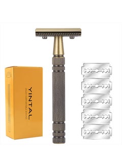 Double Edge Safety Razor Long Handle - Brass Bronze Blade Replaceable Razors,For Men Shaving Classic Razor,Reusable Metal Manual Shavers Close Comb