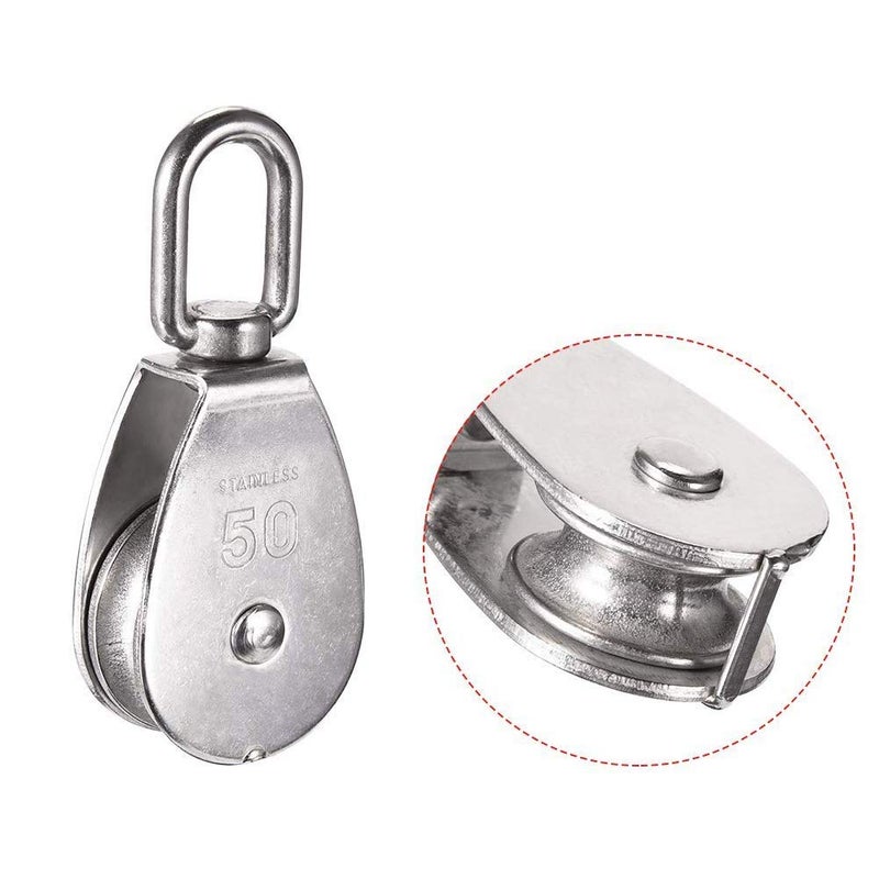 CREATIEE-PRO 2Pcs M50 304 Stainless Steel Lifting Single Pulley Block, Heavy Duty Wire Rope Hanging Wire Towing Wheel - Image 3