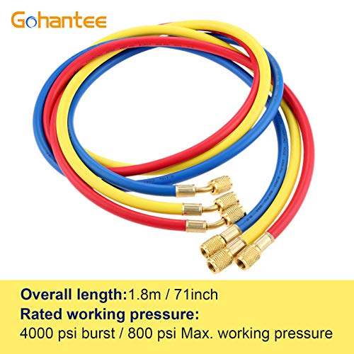 gohantee R410A AC Refrigerant Charging Hoses, 70" R410A HVAC Charging Hose Set with 1/4" Male and Female 800PSI Working Pressure for R410A R22 R134A R12 R502 Air Condition System Maintenance - Image 2