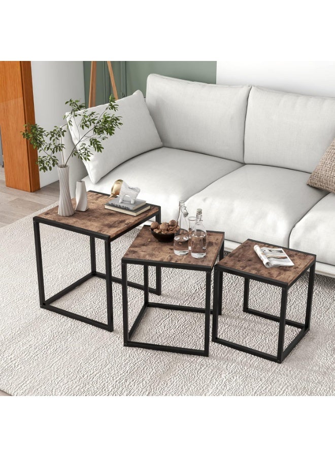 طقم 3 طاولات جانبية مربعة عصرية ريفية | لغرفة المعيشة، غرفة النوم، المكتب | طاولات قهوة وطاولات جانبية متعددة الاستخدام | إطار معدني قوي وسطح MDF | تصميم صناعي وأنيق - Image 4
