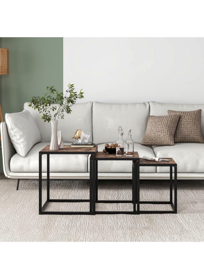 طقم 3 طاولات جانبية مربعة عصرية ريفية | لغرفة المعيشة، غرفة النوم، المكتب | طاولات قهوة وطاولات جانبية متعددة الاستخدام | إطار معدني قوي وسطح MDF | تصميم صناعي وأنيق - Image 3