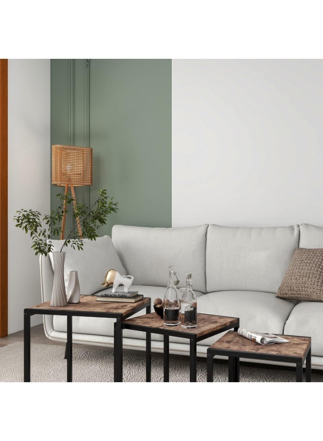 طقم 3 طاولات جانبية مربعة عصرية ريفية | لغرفة المعيشة، غرفة النوم، المكتب | طاولات قهوة وطاولات جانبية متعددة الاستخدام | إطار معدني قوي وسطح MDF | تصميم صناعي وأنيق - Image 2