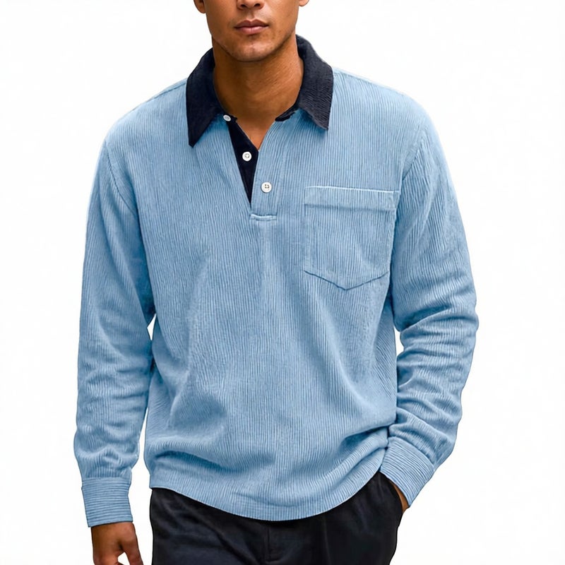 Men's Corduroy Button Pocket Long Sleeve Polo Shirt Retro Casual Top