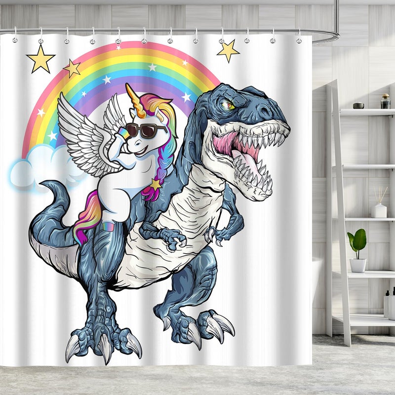 iTapnoom Funny Unicorn Riding Dinosaur Shower Curtain, Cool Cute Cartoon Space Colorful Rainbow Fantasy Galaxy Shower Curtains for Kids Boys Girls Bathroom Set Decor, Waterproof Durable with 12 Hooks, 72x72 - Image 2