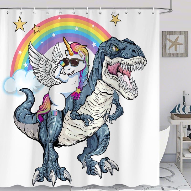 iTapnoom Funny Unicorn Riding Dinosaur Shower Curtain, Cool Cute Cartoon Space Colorful Rainbow Fantasy Galaxy Shower Curtains for Kids Boys Girls Bathroom Set Decor, Waterproof Durable with 12 Hooks, 72x72 - Image 3