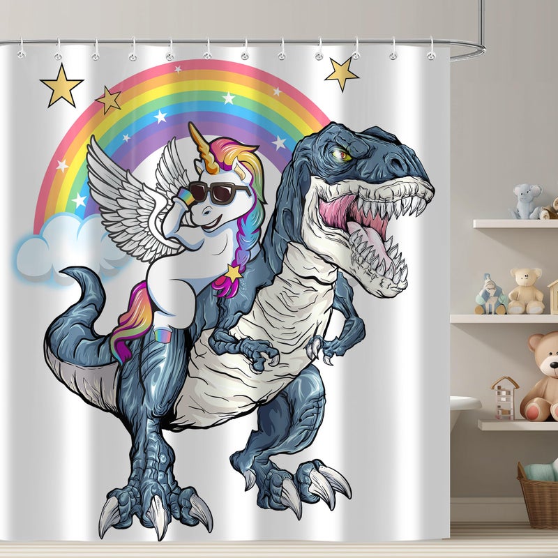 iTapnoom Funny Unicorn Riding Dinosaur Shower Curtain, Cool Cute Cartoon Space Colorful Rainbow Fantasy Galaxy Shower Curtains for Kids Boys Girls Bathroom Set Decor, Waterproof Durable with 12 Hooks, 72x72 - Image 1
