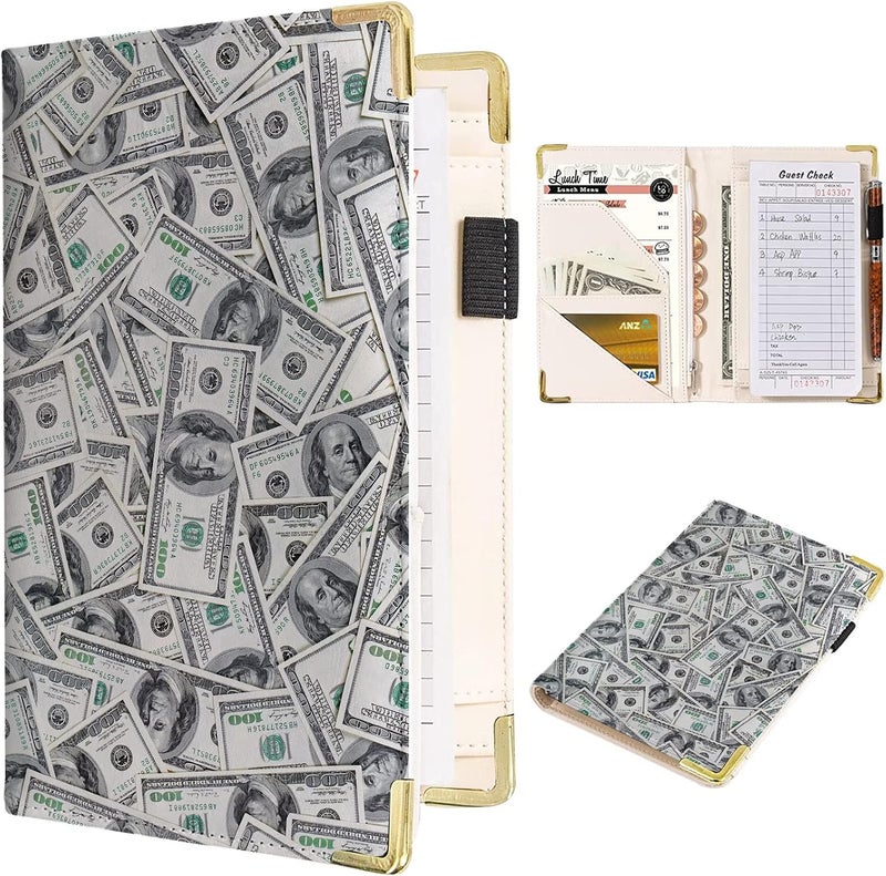 Tucocoo Hundred Dollars Pattern Server Books for Bartender Waiter Leather Waiter Book Server Wallet with Zipper PocketAmerica Money Waitress BookWaitstaff Organizer with Money Pocket Fit Server ApronGrey - Image 1