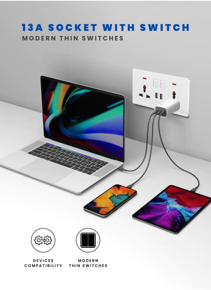 Vmax - Double Universal switched socket with 2 USB, 3x3" White/Ivory Finish - Image 1
