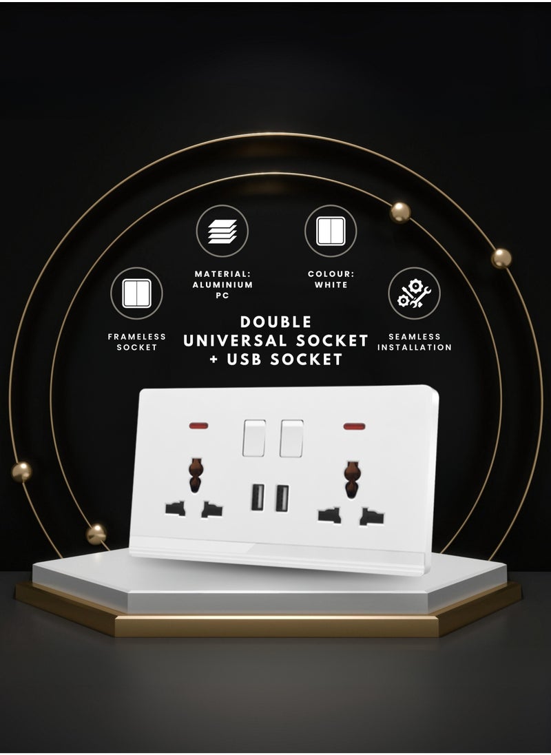 Vmax - Double Universal switched socket with 2 USB, 3x3" White/Ivory Finish - Image 1