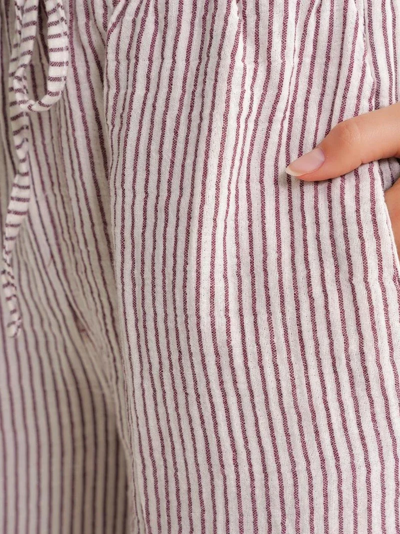 MixRay Burgundy Red Mixray High-Waisted Striped Wide Leg Shorts for Women | Best Price UAE