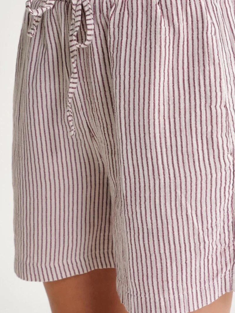MixRay Burgundy Red Mixray High-Waisted Striped Wide Leg Shorts for Women | Best Price UAE