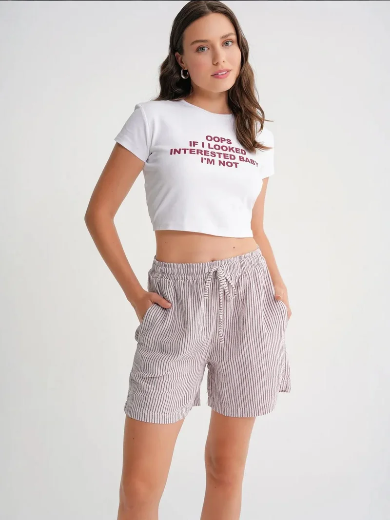 MixRay Burgundy Red Mixray High-Waisted Striped Wide Leg Shorts for Women | Best Price UAE