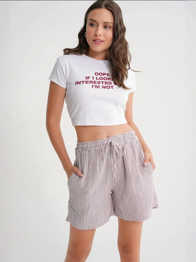 MixRay Burgundy Red Mixray High-Waisted Striped Wide Leg Shorts for Women | Best Price UAE