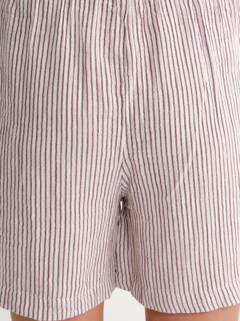 MixRay Burgundy Red Mixray High-Waisted Striped Wide Leg Shorts for Women | Best Price UAE