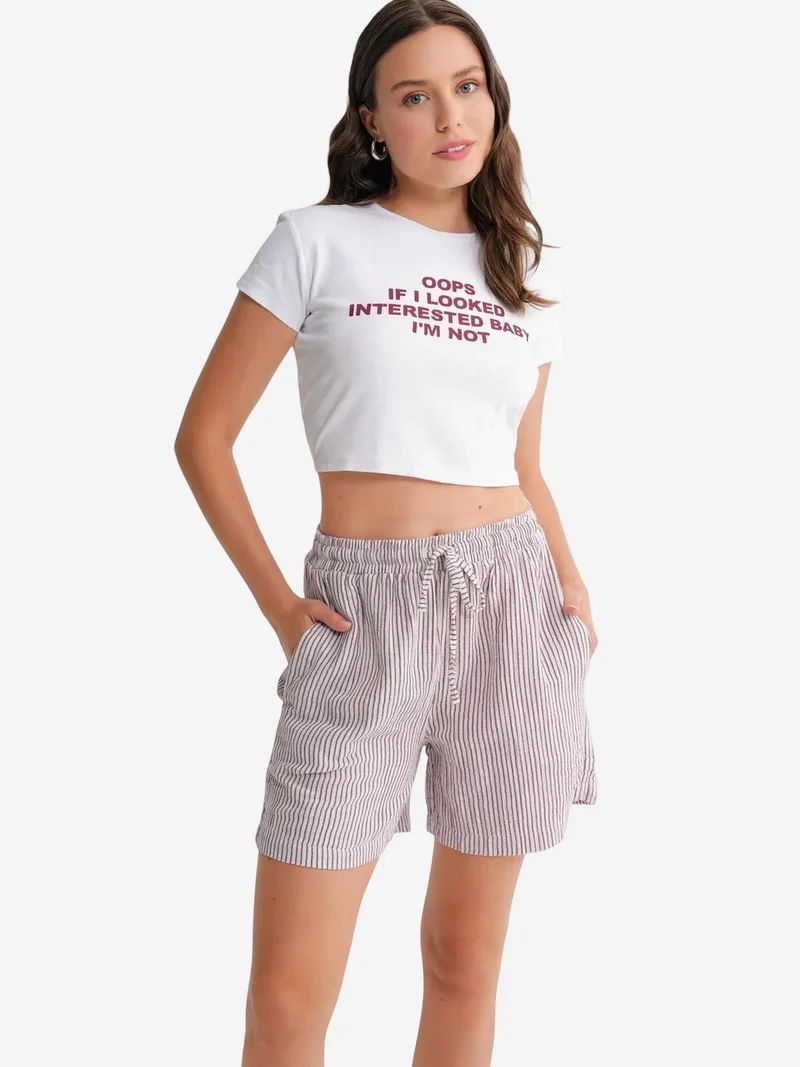 Mixray Burgundy Red Mixray High-Waisted Striped Wide Leg Shorts for Women | Best Price UAE