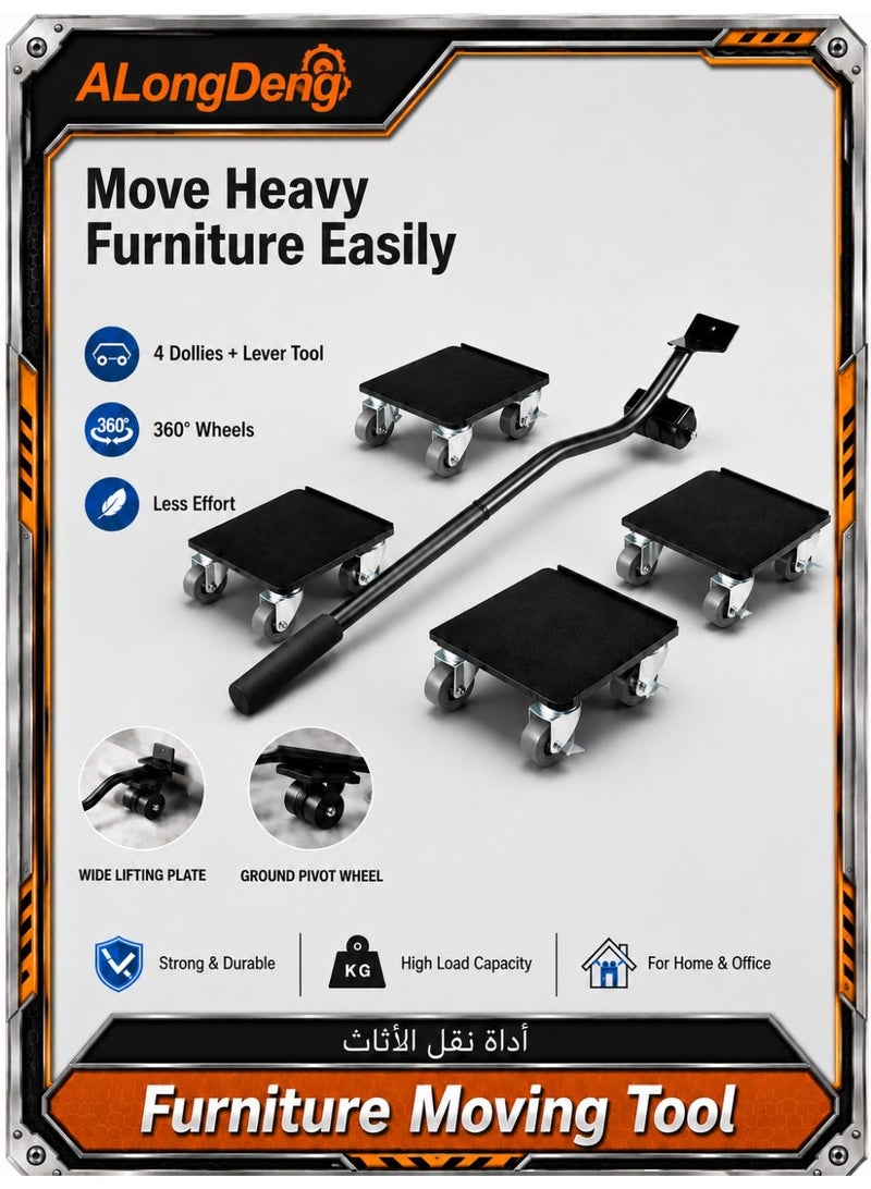 ALongDeng Furniture Lifter Tool Set with 4 Wheel Dollies, Heavy Duty Furniture Mover Kit with Wheels, Furniture Moving Tool for Sofa, Cabinet, Appliance and Heavy Furniture, 360° Rotatable Furniture Dolly for Home Moving and Rearranging - Image 1