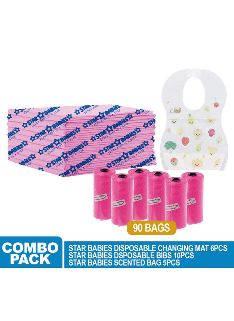 Combo Pack - Disposable Changing Mat 34 X 60Cm 5Pcs, Scented Bag 6Pcs 90Bags, Disposable Bibs 10Pcs - Pink - pzsku/Z2CC852902D56F7279A66Z/45/_/1696335905/145f27f7-d3cb-4dd7-b7f3-0e56534457a2