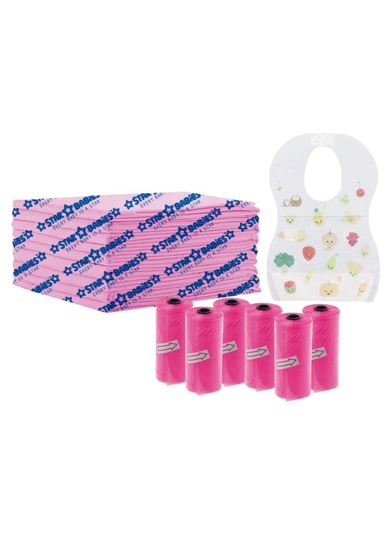 Combo Pack - Disposable Changing Mat 34 X 60Cm 5Pcs, Scented Bag 6Pcs 90Bags, Disposable Bibs 10Pcs - Pink - pzsku/Z2CC852902D56F7279A66Z/45/_/1696335905/9c88a2e6-347a-4519-8a01-942b165c0eec