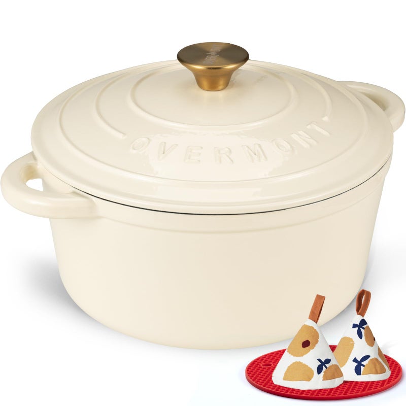 Overmont Enameled Cast Iron Dutch Oven - 5.5QT Pot with Lid Cookbook & Cotton Potholders - Heavy-Duty Cookware for Braising, Stews, Roasting, Sourdough Baking Cream White - Image 1