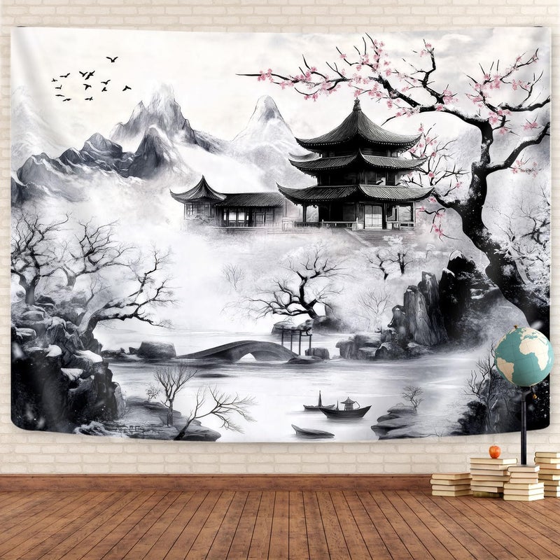 GOAOK Japanese Tapastry, Black and White Cherry Blossom Anime Wall Tapestry for Men, Asia Nature Landscape Abstract Ink Painting Tapestries for Bedroom Living Room Home Decor 60" x 40" - Image 1