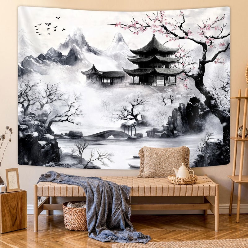 GOAOK Japanese Tapastry, Black and White Cherry Blossom Anime Wall Tapestry for Men, Asia Nature Landscape Abstract Ink Painting Tapestries for Bedroom Living Room Home Decor 60" x 40" - Image 5