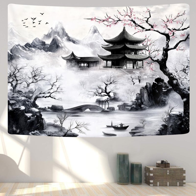 GOAOK Japanese Tapastry, Black and White Cherry Blossom Anime Wall Tapestry for Men, Asia Nature Landscape Abstract Ink Painting Tapestries for Bedroom Living Room Home Decor 60" x 40" - Image 4