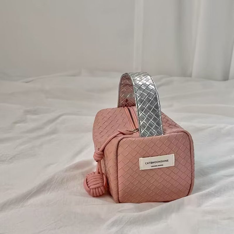 Original Silver Pink Color Matching Woven Pattern 2023 New Hand Bag Small Bag Portable Cosmetic Bag Storage Bag Organizing Bag - Image 4