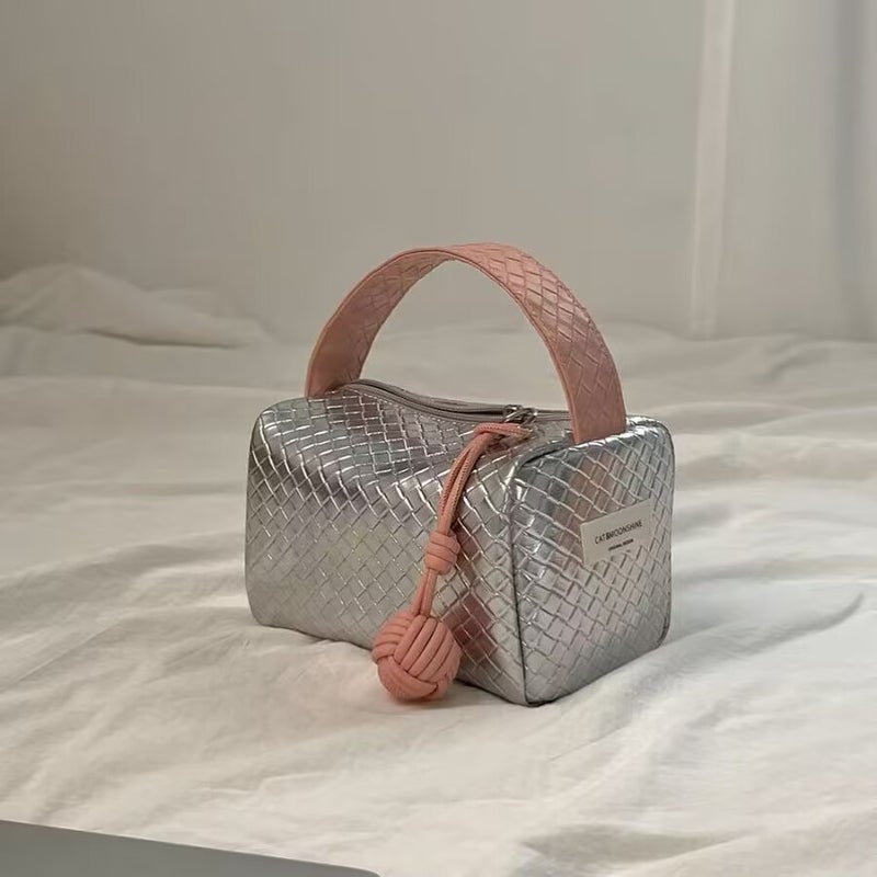 Original Silver Pink Color Matching Woven Pattern 2023 New Hand Bag Small Bag Portable Cosmetic Bag Storage Bag Organizing Bag - Image 2