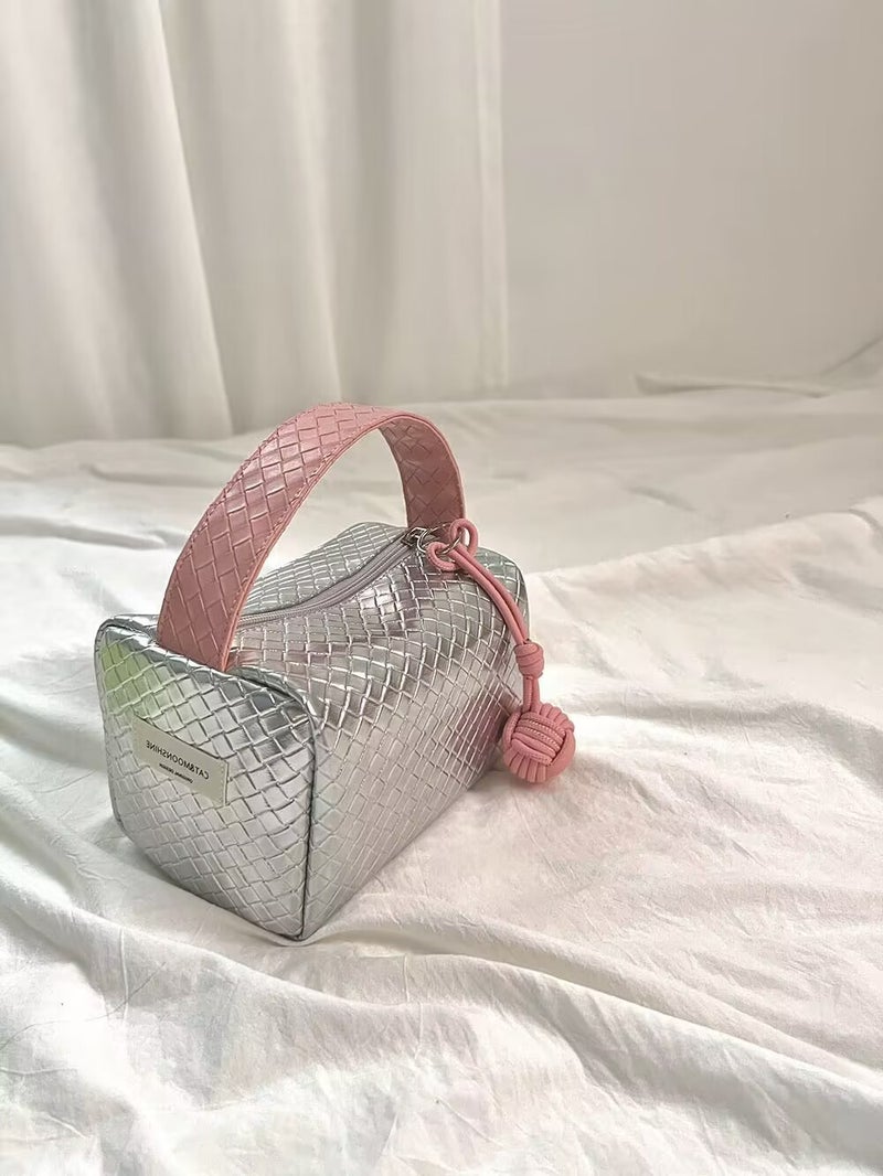 Original Silver Pink Color Matching Woven Pattern 2023 New Hand Bag Small Bag Portable Cosmetic Bag Storage Bag Organizing Bag - Image 3