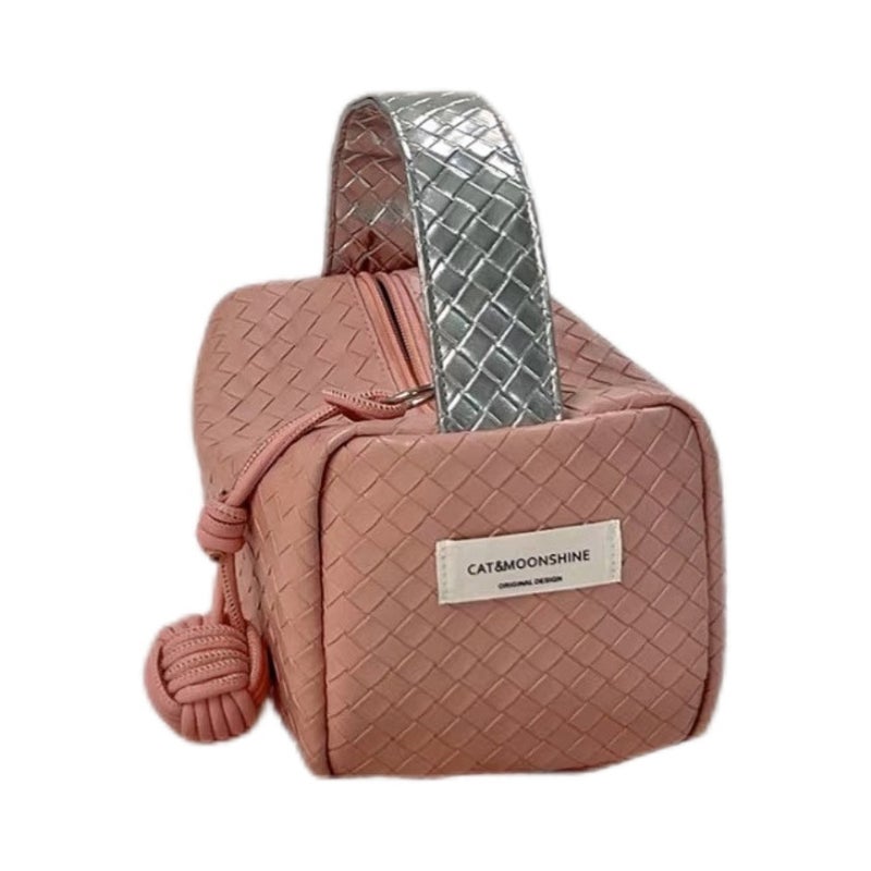 Original Silver Pink Color Matching Woven Pattern 2023 New Hand Bag Small Bag Portable Cosmetic Bag Storage Bag Organizing Bag - Image 5