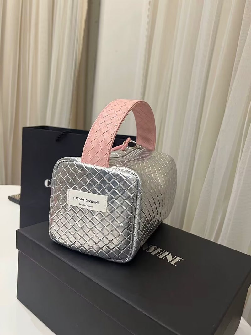 Original Silver Pink Color Matching Woven Pattern 2023 New Hand Bag Small Bag Portable Cosmetic Bag Storage Bag Organizing Bag - Image 1