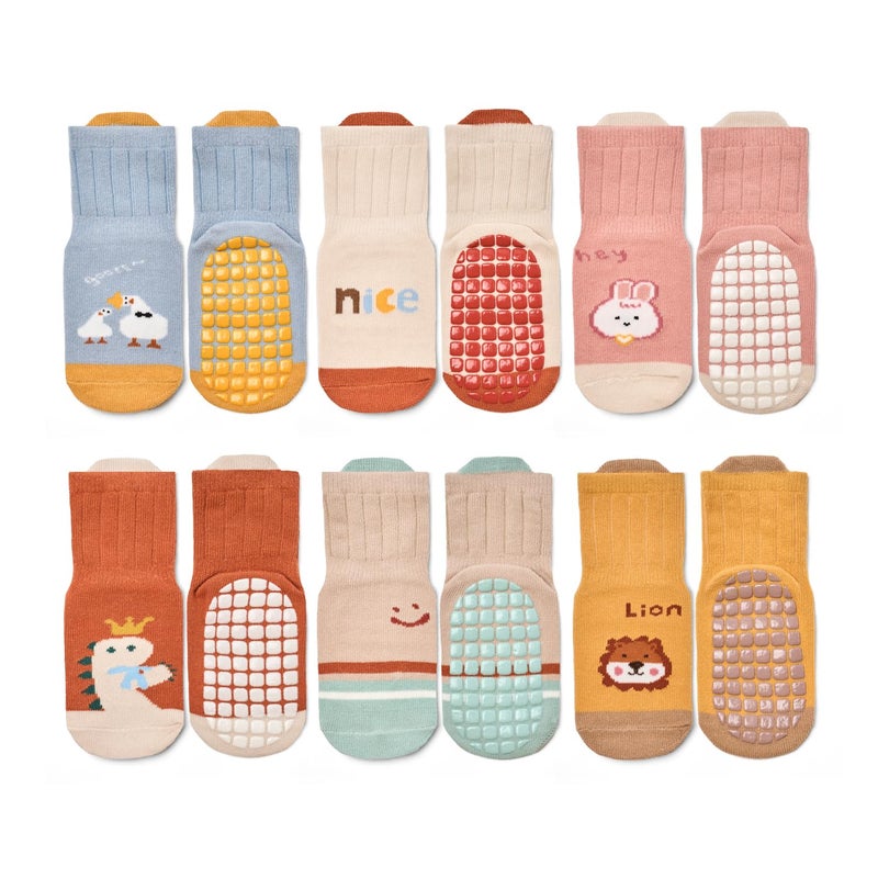 Bearbay Baby Socks 6 Pairs - Non-Slip Gripper for Toddlers, Infants & Kids, Soft Cotton Crew Socks for Boys & Girls - Image 1