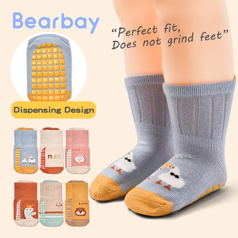 Bearbay Baby Socks 6 Pairs - Non-Slip Gripper for Toddlers, Infants & Kids, Soft Cotton Crew Socks for Boys & Girls - Image 2