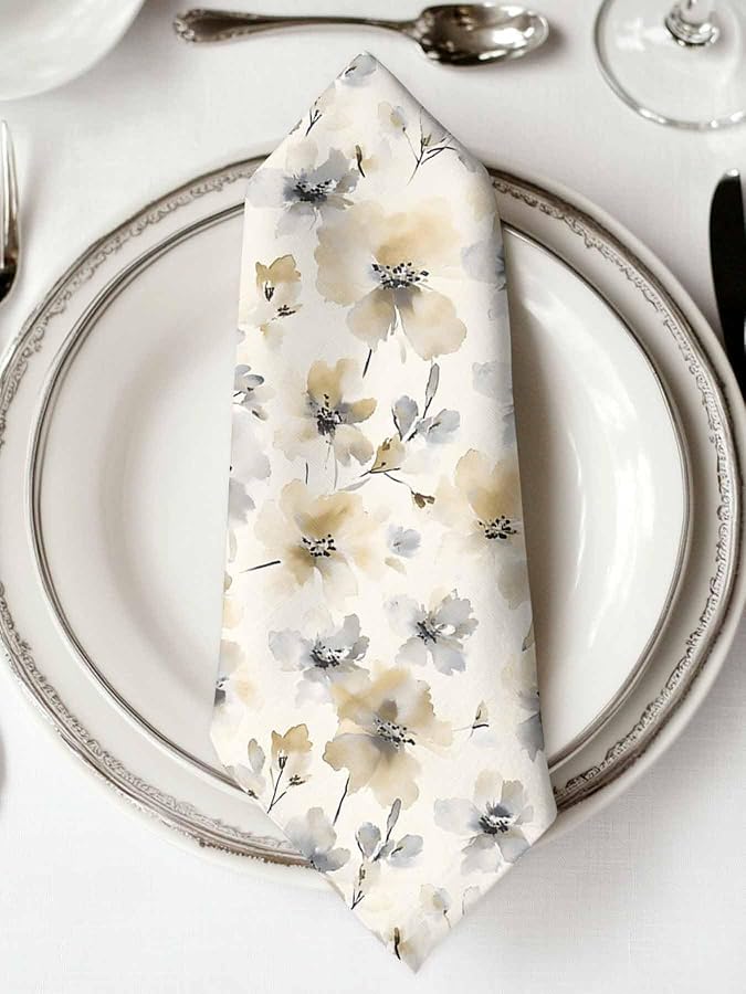 Beige Washable Watercolor Floral Cloth Napkins Set of 6 20x20 Inch Reusable Table Linens - Image 3