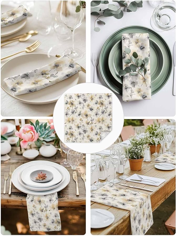 Beige Washable Watercolor Floral Cloth Napkins Set of 6 20x20 Inch Reusable Table Linens - Image 5