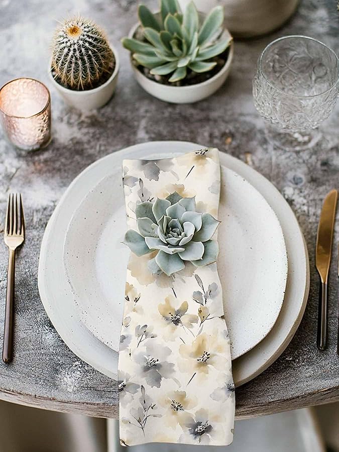 Beige Washable Watercolor Floral Cloth Napkins Set of 6 20x20 Inch Reusable Table Linens - Image 4