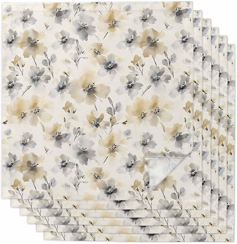 Beige Washable Watercolor Floral Cloth Napkins Set of 6 20x20 Inch Reusable Table Linens - Image 1
