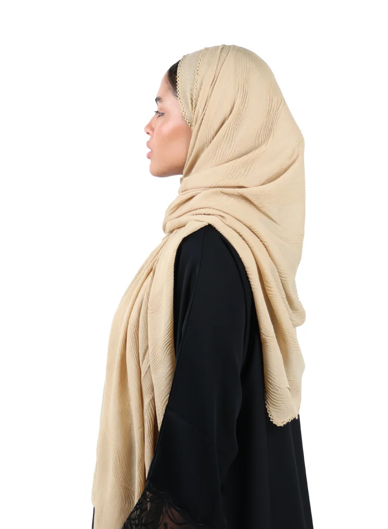 Jameela Wave Pattern Cotton Crush Scarf with Lace Trim (Sand Beige)