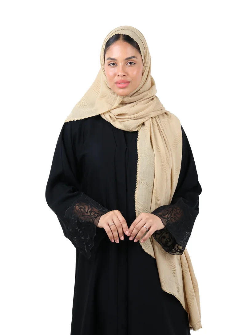 Wave Pattern Cotton Crush Scarf with Lace Trim (Sand Beige)