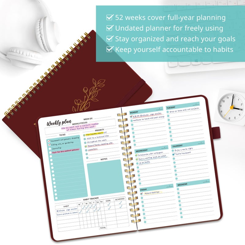 Taja Undated Weekly Planner, Weekly To Do List Notebook with Goal & Habit Tracker Organizer, A5 Weekly Planner Notebook with Spiral Binding, 6.1" x 8.2" - Burgundy - Image 3