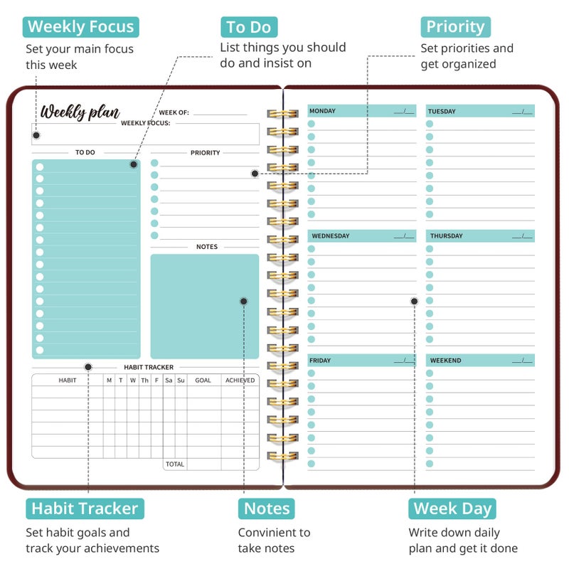 Taja Undated Weekly Planner, Weekly To Do List Notebook with Goal & Habit Tracker Organizer, A5 Weekly Planner Notebook with Spiral Binding, 6.1" x 8.2" - Burgundy - Image 2