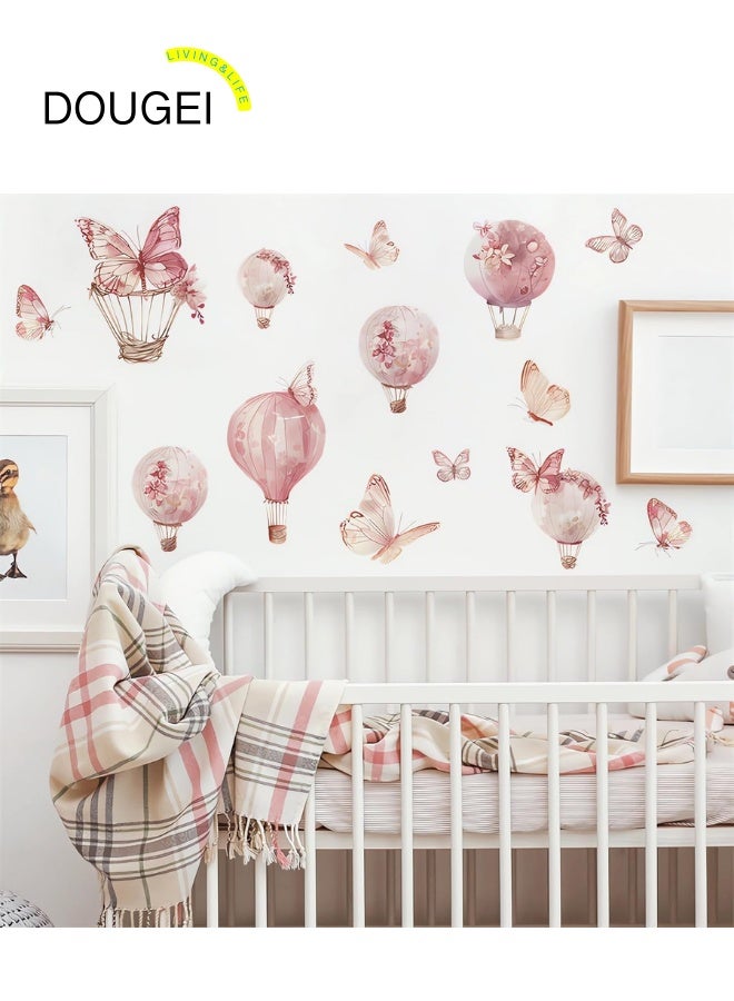دوغي ملصقات حائط كبيرة على شكل فراشات وردية ومنطاد هوائي، ملصقات فنية قابلة للإزالة من الفينيل، سهلة الالتصاق والفك، مناسبة لغرف الأطفال والرضع وديكور غرف النوم وغرف الدراسة وغرف اللعب - Image 1