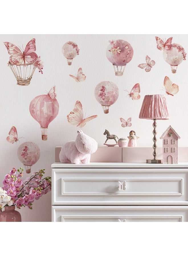 دوغي ملصقات حائط كبيرة على شكل فراشات وردية ومنطاد هوائي، ملصقات فنية قابلة للإزالة من الفينيل، سهلة الالتصاق والفك، مناسبة لغرف الأطفال والرضع وديكور غرف النوم وغرف الدراسة وغرف اللعب - Image 2