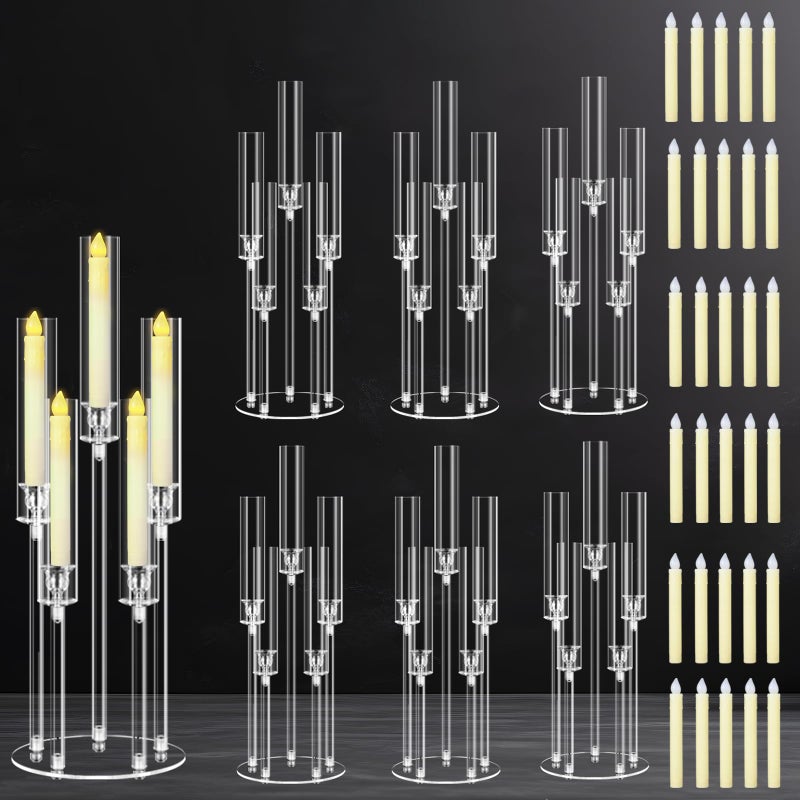 Cheloment 6 Sets 5 Arms Acrylic Candelabra Centerpieces for Tables, 27" Clear Candle Holder for Wedding Dinner Party and Home Decor,Candlesticks Holder with LED Candles - Image 1